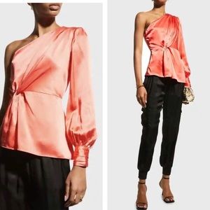 Cinq A Sept Stace Neon Coral Satin One Shoulder 100% Silk Draped Top